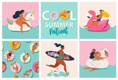 Flamingo, tek boynuzlu at ve kuğu şişme yüzme havuzu yüzer. Kızlar, havuz yüzer, köpek, dalgalar arka plan izole bir sörf tahtası ile yaz saati Karikatür seti.