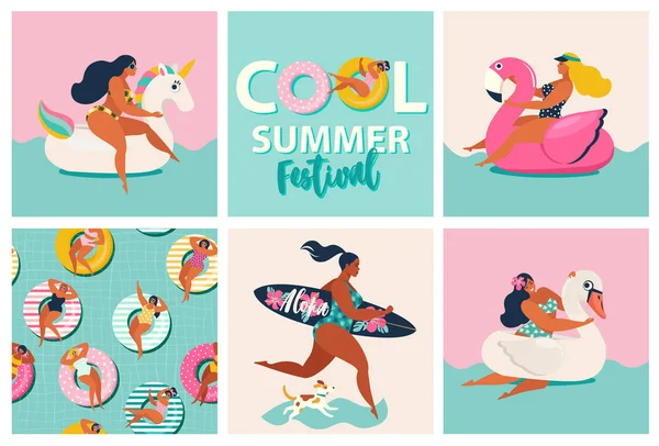 Flamingo, unicornio y cisne flotan piscina inflable. Dibujos animados conjunto de tiempo de verano con las niñas, flotadores de la piscina, perro, una tabla de surf aislado en el fondo de las olas . — Archivo Imágenes Vectoriales