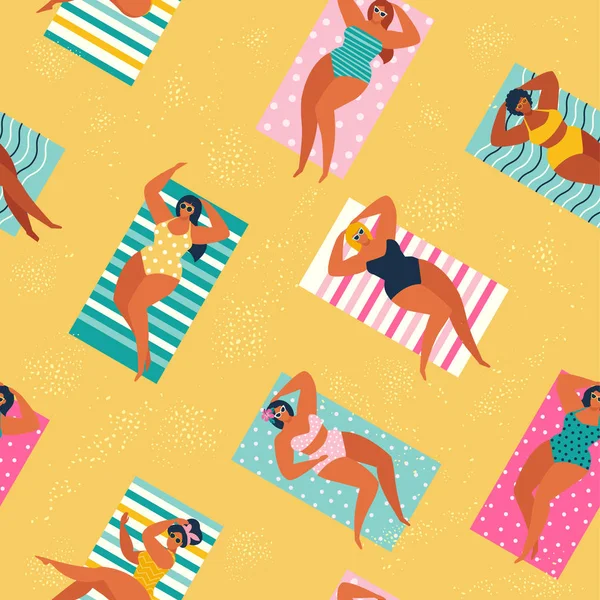 Persone in spiaggia o in riva al mare che si rilassano e svolgono attività all'aperto per il tempo libero prendere il sole, leggere libri, parlare, camminare, fare surf, nuotare in mare o nell'oceano. Illustrazione del vettore del fumetto piatto . — Vettoriale Stock