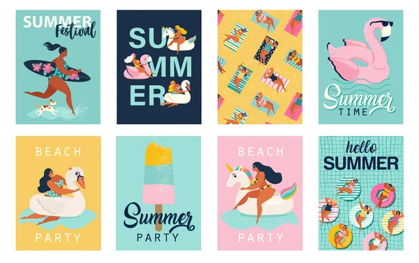 Sommerfest. Hallo Sommer Plakate in Vektor. Niedliche Retro-Poster Set. — Stockvektor