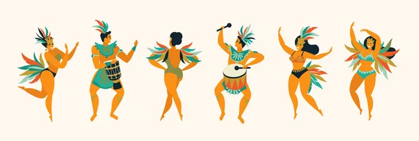 Manifesti brasiliani di samba. Carnevale a Rio de Janeiro ballerini che indossano un costume da festival sta ballando . — Vettoriale Stock