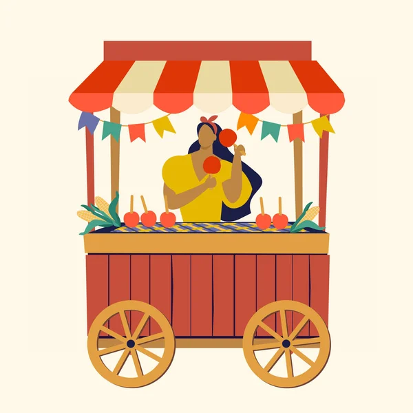 帐篷街头食品车Festa Junina巴西苹果糖果六月派对节矢量插图. — 图库矢量图片