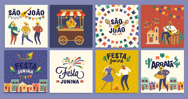 Brazilian Traditional Celebration Festa Junina. Portuguese Brazilian Text saying Friends Village. Festa de Sao Joao. Arraia Portuguese Brazilian Text saying Fair. Festive Typographic Vector Art. — Stock Vector