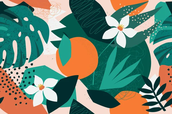 Colagem padrão sem costura floral contemporânea. Frutos exóticos modernos da selva e plantas ilustração no vetor . —  Vetores de Stock