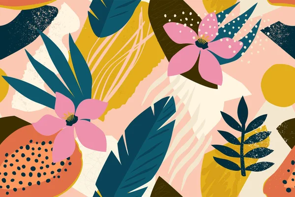 Κολάζ σύγχρονο floral αδιάλειπτη μοτίβο. Σύγχρονη εξωτικά φρούτα ζούγκλα και φυτά εικονογράφηση σε φορέα. — Διανυσματικό Αρχείο