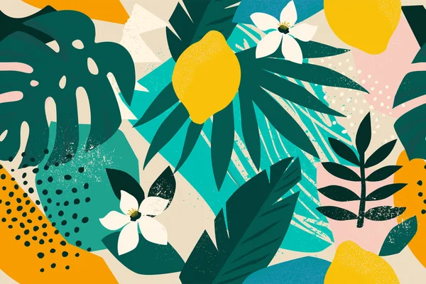 Collage hedendaagse Floral naadloze patroon. Moderne exotische jungle vruchten en planten illustratie vector. — Stockvector