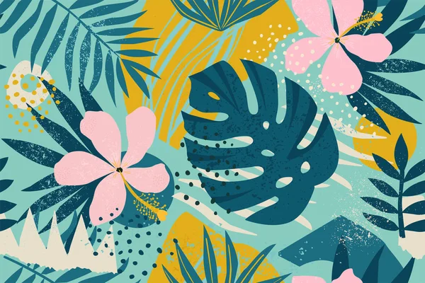 Collage hedendaagse bloemen naadloos patroon. Moderne exotische jungle vruchten en planten illustratie in vector. — Stockvector