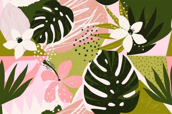 Κολάζ σύγχρονο floral αδιάλειπτη μοτίβο. Σύγχρονη εξωτικά φρούτα ζούγκλα και φυτά εικονογράφηση σε φορέα. — Διανυσματικό Αρχείο
