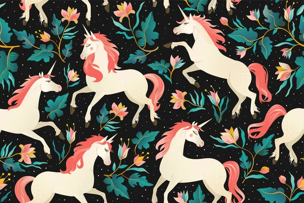 Licornes sur un fond sombre avec une forêt de fées. Modèle sans couture . — Image vectorielle