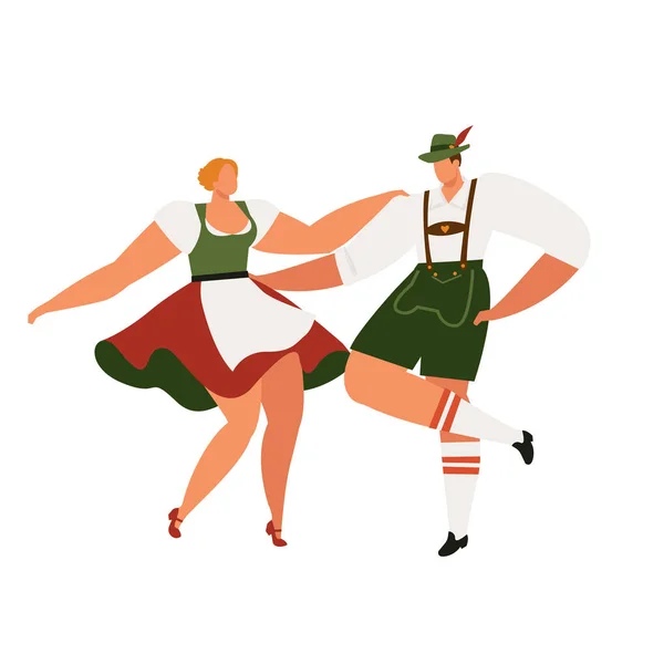 年轻夫妇在传统的巴伐利亚服装与女孩在迪尔尔礼服舞蹈。巴伐利亚情侣舞蹈啤酒节慕尼黑. — 图库矢量图片