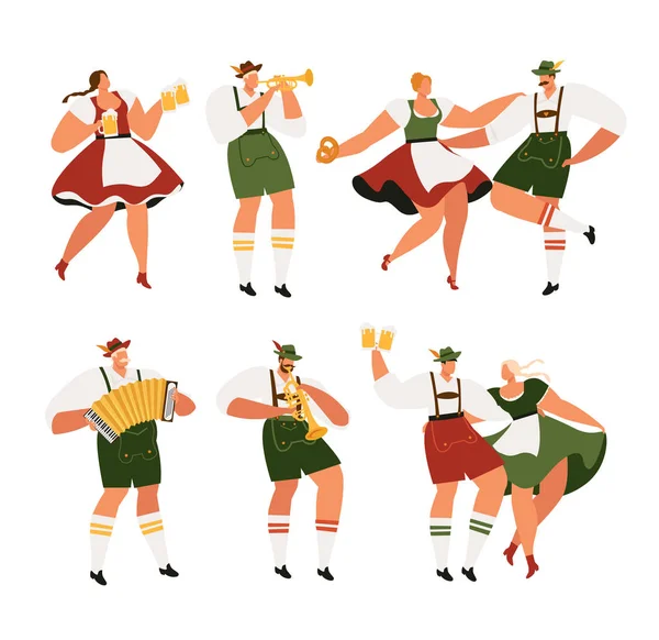 Oktoberfest. Αστεία χαρακτήρες κινουμένων σχεδίων σε βαυαρικές λαϊκές στολές της Βαυαρίας γιορτάζουν και να διασκεδάσουν στο φεστιβάλ μπύρας του Οκτωβρίου. Εικόνα κόμμα επίπεδη απεικόνιση. — Διανυσματικό Αρχείο