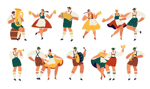 Oktoberfest. Divertidos personajes de dibujos animados en trajes populares bávaros de Baviera celebran y se divierten en el festival de cerveza Oktoberfest. Ilustración plana del vector del concepto del partido . — Archivo Imágenes Vectoriales