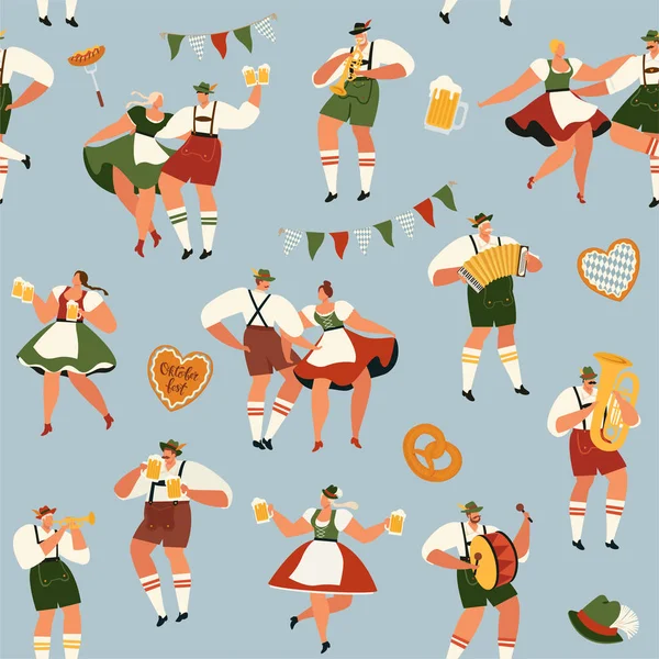 Oktoberfest. Karakter kartun lucu dalam kostum rakyat Bavaria merayakan dan bersenang-senang di festival bir Oktoberfest. Partai Konsep Vektor Flat Illustration. Pola tak beraturan . - Stok Vektor