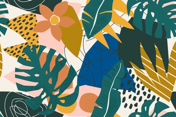 Abstracte moderne tropische paradijs collage met diverse vruchten, exotische planten en geometrische vormen naadloos patroon. Hedendaagse bloemenillustratie voor stof ontwerp. — Stockvector