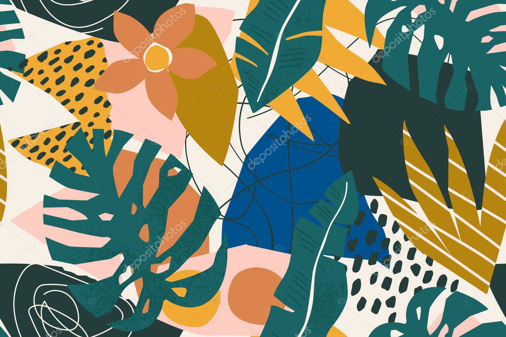 Abstract modern tropical paradise collage with various of fruits, exotic plants and geometrical shapes seamless pattern. Contemporary floral illustration for fabric design.