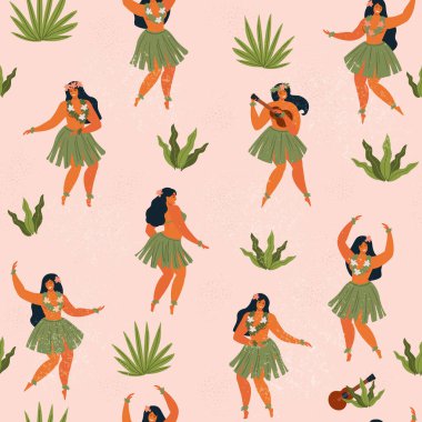 Hawaii dansının kusursuz şekli. Ukulele çalıp Hula dansı yapan kızlar. Tatlı çizgi film karakterleriyle yaz tatili Hawaii baskısı.