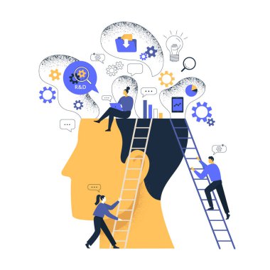 Araştırma ve Geliştirme Laboratuvarları Ar-Ge konsept çizimi. Müşteriler için yüksek değerli koz arayan yeni ve ileri teknolojiler geliştiren takım çalışmaları.