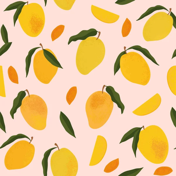 Nahtloses Muster mit frischen hellen exotischen ganzen und in Scheiben geschnittenen Mango isoliert auf weißem Hintergrund. Sommerfrüchte für einen gesunden Lebensstil. Bio-Obst. Cartoon-Stil. Vektorillustration für jedes Design. — Stockvektor
