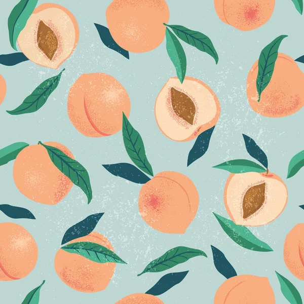 Pfirsich- oder Aprikosenmuster. Handgezogene Früchte und in Scheiben geschnittene Stücke. Sommer tropischen endlosen Hintergrund. Vektorfruchtdesign für Etiketten, Gewebe, Verpackungen — Stockvektor