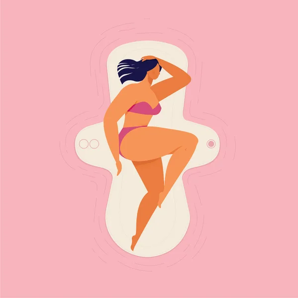 Frau schläft auf einem großen Polster. Vektor-Illustration auf rosa Hintergrund. — Stockvektor