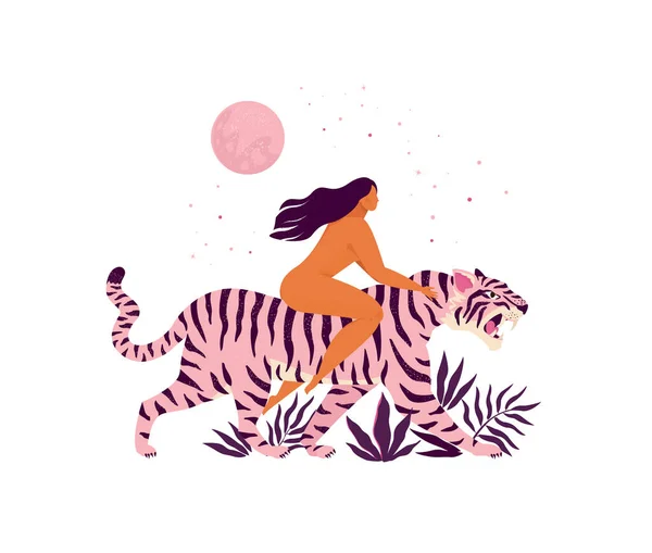 Tiger and a women inspirational poster. Love yourself 8 of march greeting card. — Stock Vector