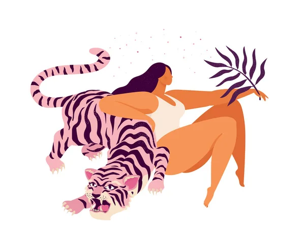 Różowy Tygrys Kobieta Zrelaksowany Inspirujący Plakat Kochaj Siebie — Wektor stockowy