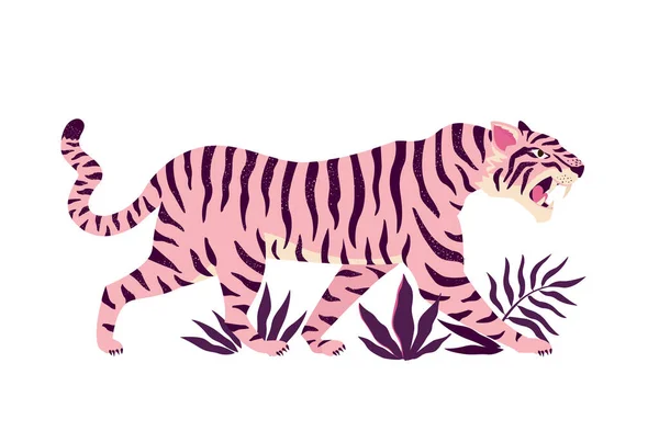 Tigre e folhas tropicais. Ilustração de vetor na moda . — Vetor de Stock