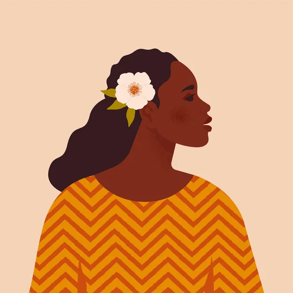 Bella donna di colore. Giovane afroamericano. Ritratto di giovane donna con bel viso e capelli. Vista laterale. Isolato su uno sfondo beige. — Vettoriale Stock