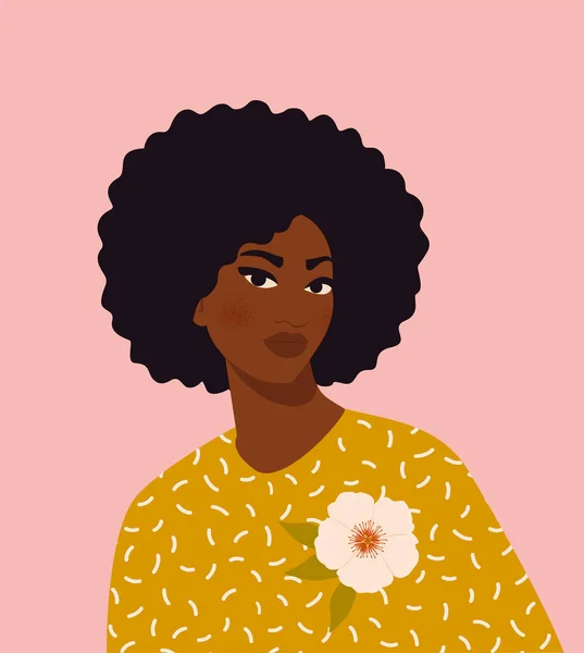 Belle femme noire. Jeune afro-américain. Portrait de jeune femme avec beau visage et cheveux. Vue latérale. Isolé sur un fond beige — Image vectorielle