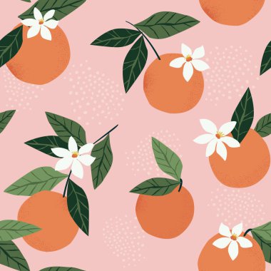 Pembe arka planda portakalları olan tropik, pürüzsüz bir desen. Tekrarlanan meyve arka planı. Kumaş veya duvar kağıdı için parlak yazdırma vektörü.