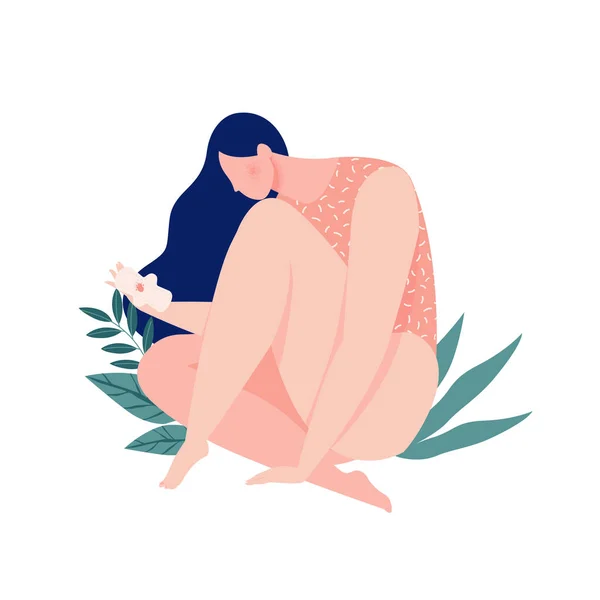 Een meisje bloeden knuffelen haar been met een pad in de menstruatie periode op de achtergrond van bladeren en planten. Milieubescherming voor vrouwen in kritieke dagen. Vectorillustratie. — Stockvector