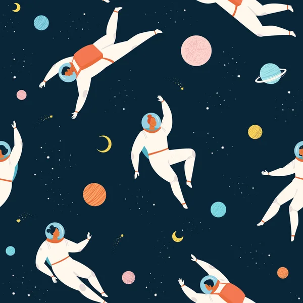 Space adventure pattern with woman and man and astronaut explore cosmos seamless pattern. Cute fabric design
