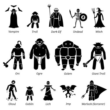 Antik ortaçağ fantezi kötü karakterler, yaratıklar ve canavarlar Icon set. Ortaçağ Times eski fantezi kötü karakterlerin bir vektör illustratin. 