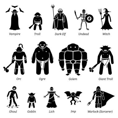 Ancient medieval fantasy evil characters, creatures, and monsters icon set. A vector illustratin of ancient fantasy evil characters from the medieval times.  clipart