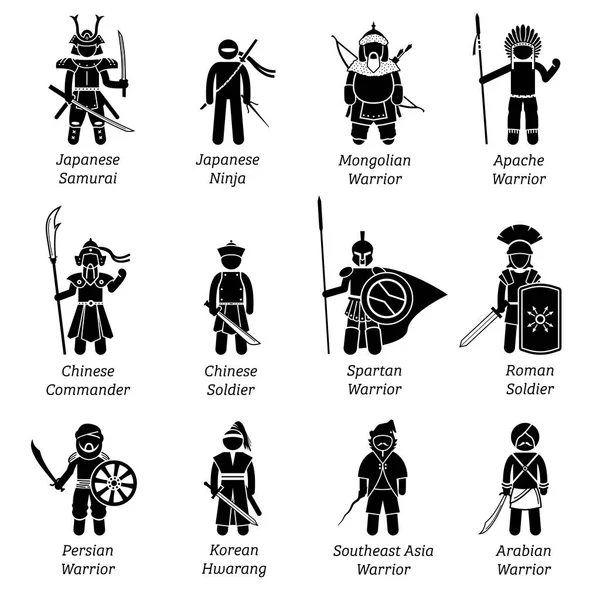 Antiguos Guerreros Todo Mundo Las Ilustraciones Representan Soldados Antiguos Militares — Vector de stock