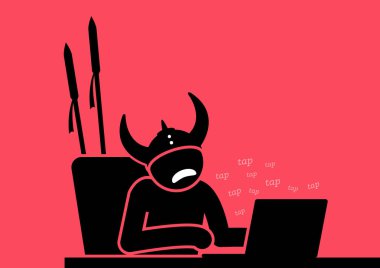 Internet klavye savaşçı. Vektör resim çizim çevrimiçi fitne, Internet troll, tahrik, baş belası, korkak, yalanlar, provokasyon ve iftira kavramı gösteriyor. 