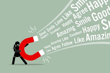 Sosyal medya çekmek için büyük bir mıknatıs kullanan kadın seviyor. Vektör sanat illüstrasyon kavramı, sosyal medya cazibe, seviyor, tasvir hype, viral ve Internet teknoloji.