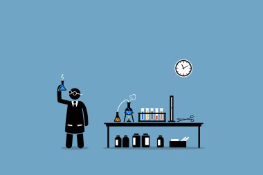 Kimyasal laboratuvar deneyi sonucu inceleyerek bilim adamı. Deney, atılım, bilimsel buluş, denemeler ve laboratuvar test vektör resmi gösteriyor. 
