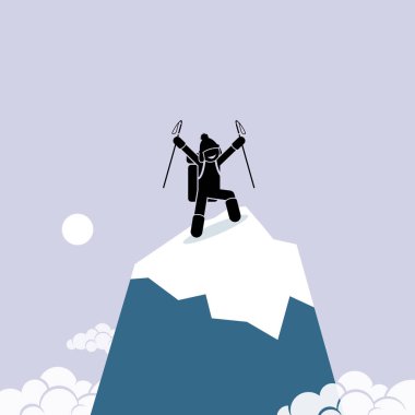 Mutlu bir adam başarıyla dağın tepesine tırmanmak. Vektör resim başarı, kendi başarı ve başarı kavramı gösteriyor.