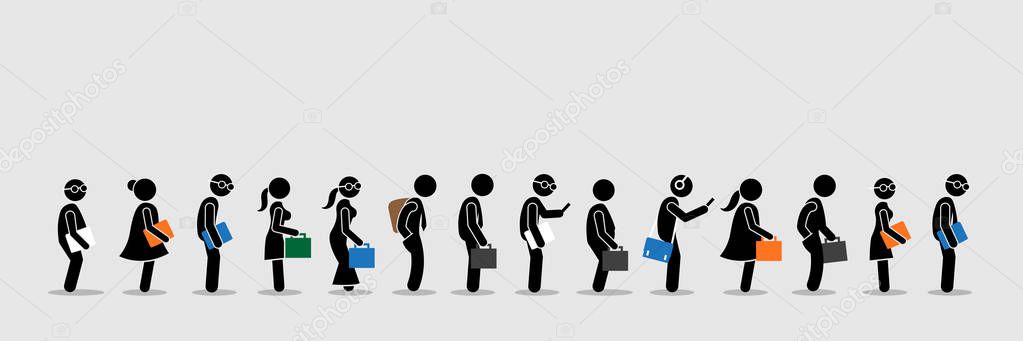 Job seekers or office workers and employee queuing up in a line. Vector artwork depicts the concept of job interview and office lifestyle.