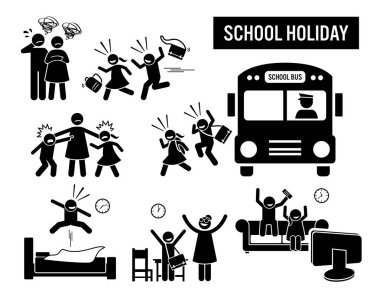 Çocuklar okul tatil. Sopa rakam piktogram okul çocukları geri geliyor--dan okul tatil gösteriyor. Üst üzücü, ama çocuklar mutlu vardır. Gösteri öğrenci veya öğrenci koşucu ev Icon set.