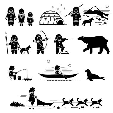 Eskimo people, lifestyle, and animals. Stick figure pictogram depicts Eskimo human, igloo, hunting, fishing, polar bear, husky dog, sled dogs, seal, and canoe.  clipart