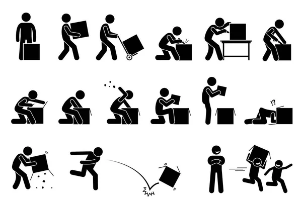 Man Opening Unboxing Box Stick Figure Pictogram Depicts Man Carrying — Stock Vector