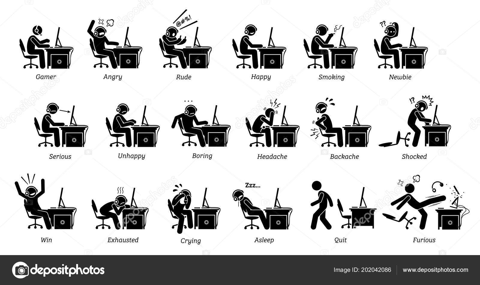 Реакция Чувства Эмоции Геймера Время Игры Иконки Фигурок.