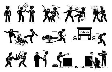 Man fighting, obstructing, and resisting police arrest. Pictogram depicts criminal threatening the law and order of justice by assaulting policeman.  clipart