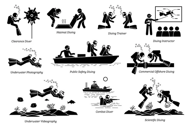 Trabalhos Mergulho Subaquático Para Mergulhadores Profissionais Ilustrações Retratam Trabalhos Mergulho — Vetor de Stock