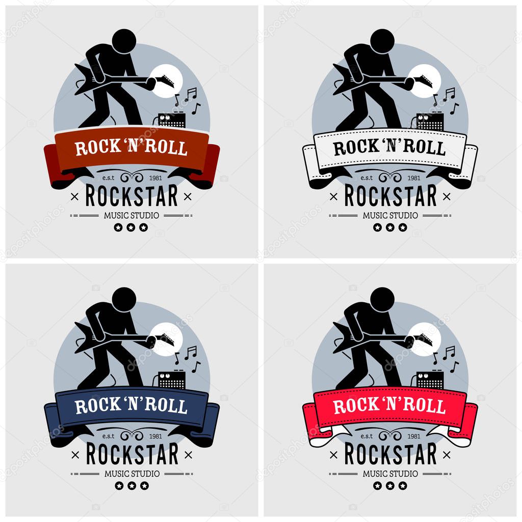 Rock and roll logo design. Vector artwork of a rock star playing a guitar in retro style. The guitarist is using an electric guitar connected to an amp.