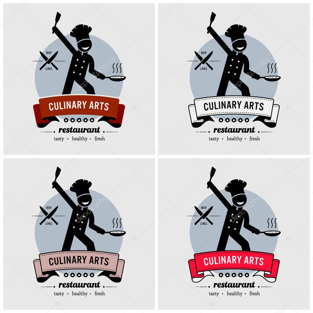 Restaurant and chef logo design. Vector artwork of a happy cook cooking food with a spatula and pan.