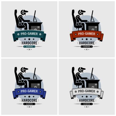 Yanlısı bir oyun esports logo tasarımı. Vektör çizimleri bir profesyonel hardcore oyun oynarken bilgisayar oyunları Pc bilgisayar üzerinde. O bir oyun sandalyede oturan ve bir kulaklık takıyor.