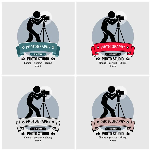 Photographer photography studio logo design. Vector artwork of a professional cameraman taking photo with a DSLR and tripod stand inside a studio.